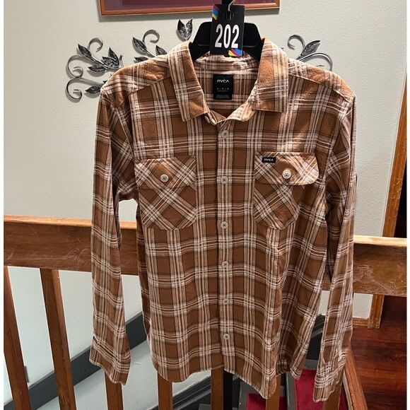 NWT RVCA Men's Brown Plaid Shirt Size Medium #202 - Picture 1 of 6